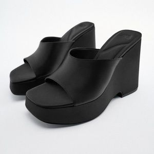 Zara Chunky BNWT Satin Effect Black Platform Wedge Sandals Shoes Size 10 41